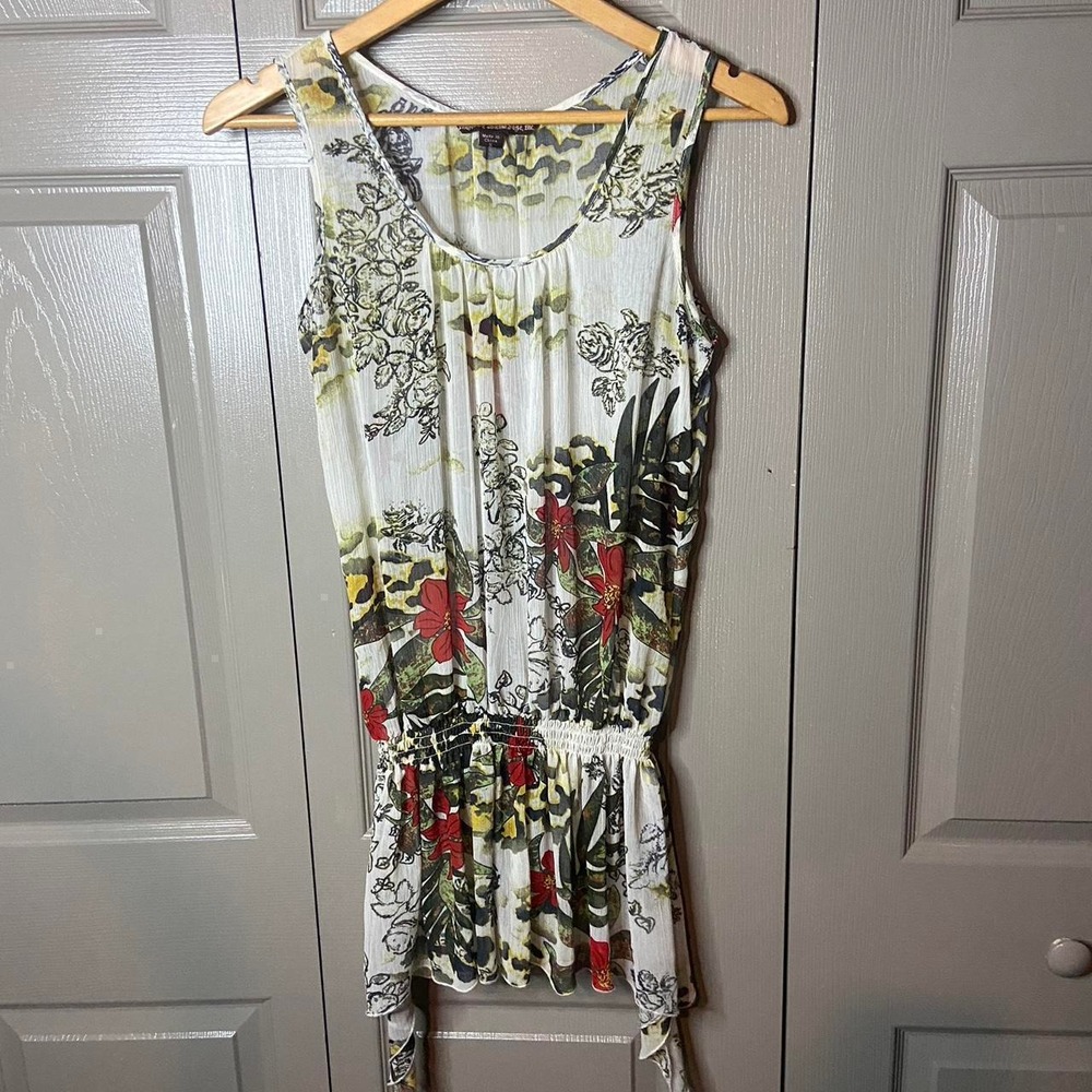 Sienna Rose Floral Smocked Cami Y2K Watercolor Tropical Tunic Top White Small